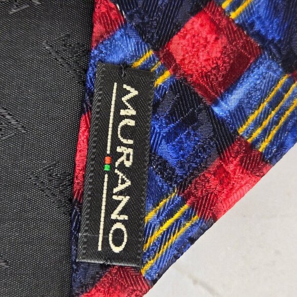 Murano 100% Silk Men's Tie Red & Blue Squares Gold Accent Stripes - Picture 4 of 6